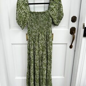 Abercrombie & Fitch Smocked Puff Sleeve Linen Midi Dress